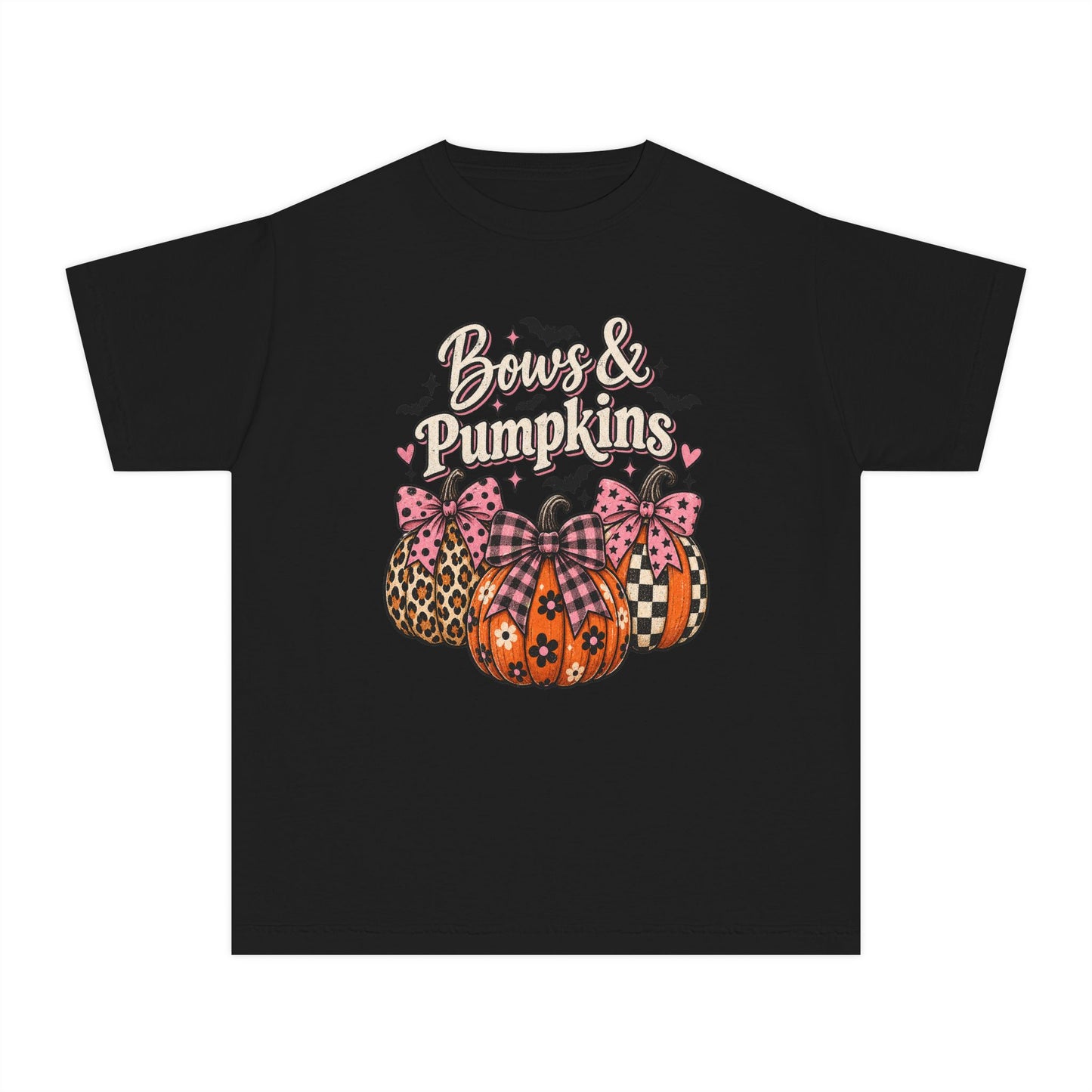 Youth Tee — "Bows & Pumpkins" Fall Halloween Pumpkin Graphic