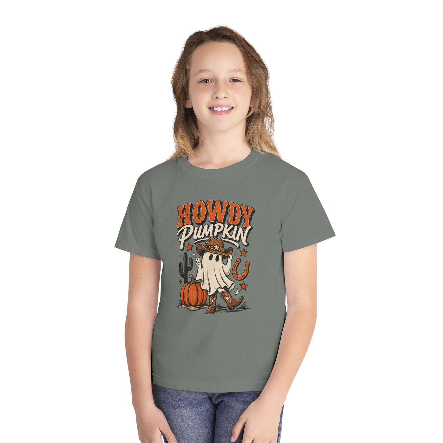 Howdy Pumpkin Kids T-Shirt – Halloween Ghost Cowboy Tee