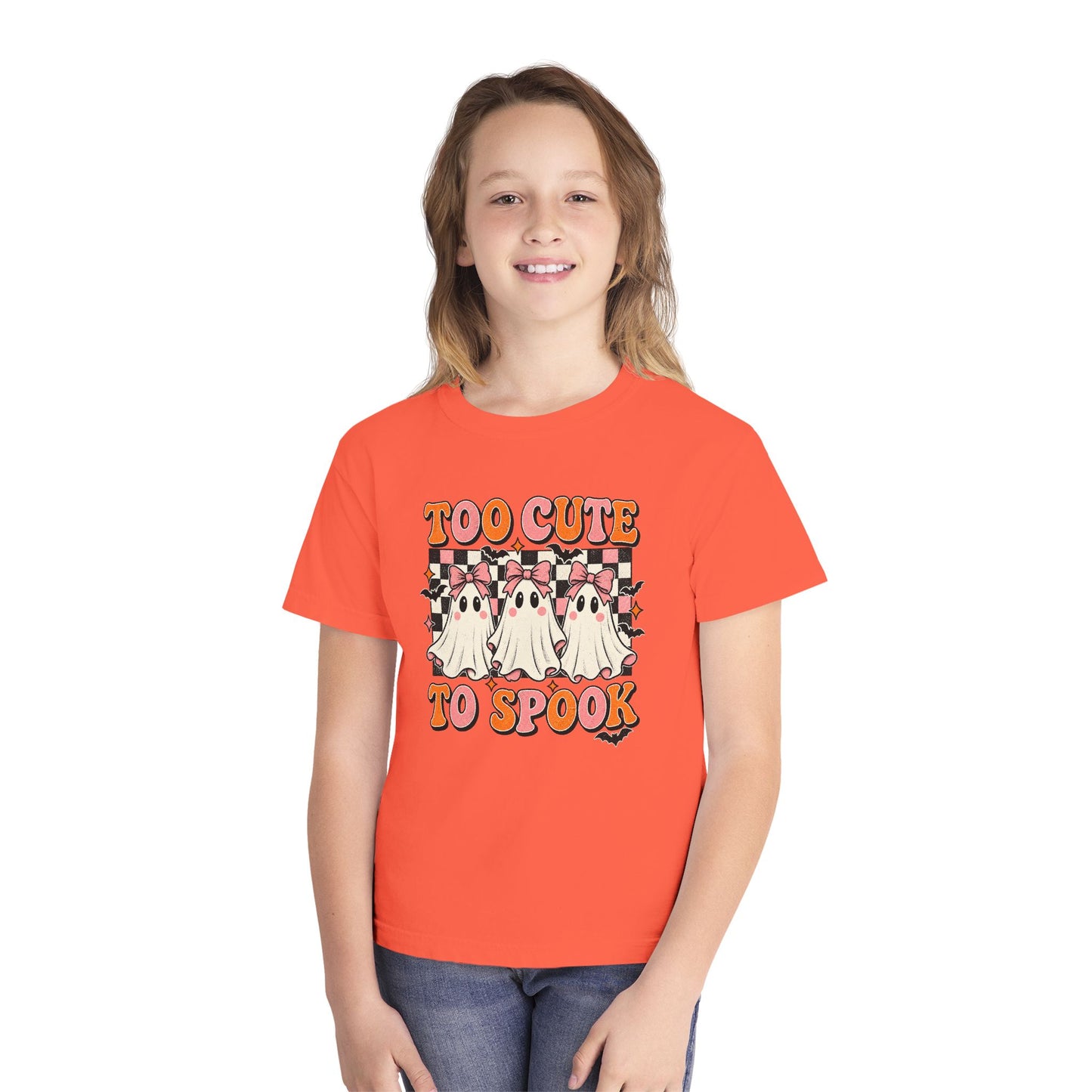Youth Tee — "Too Cute to Spook" Ghost Halloween Shirt