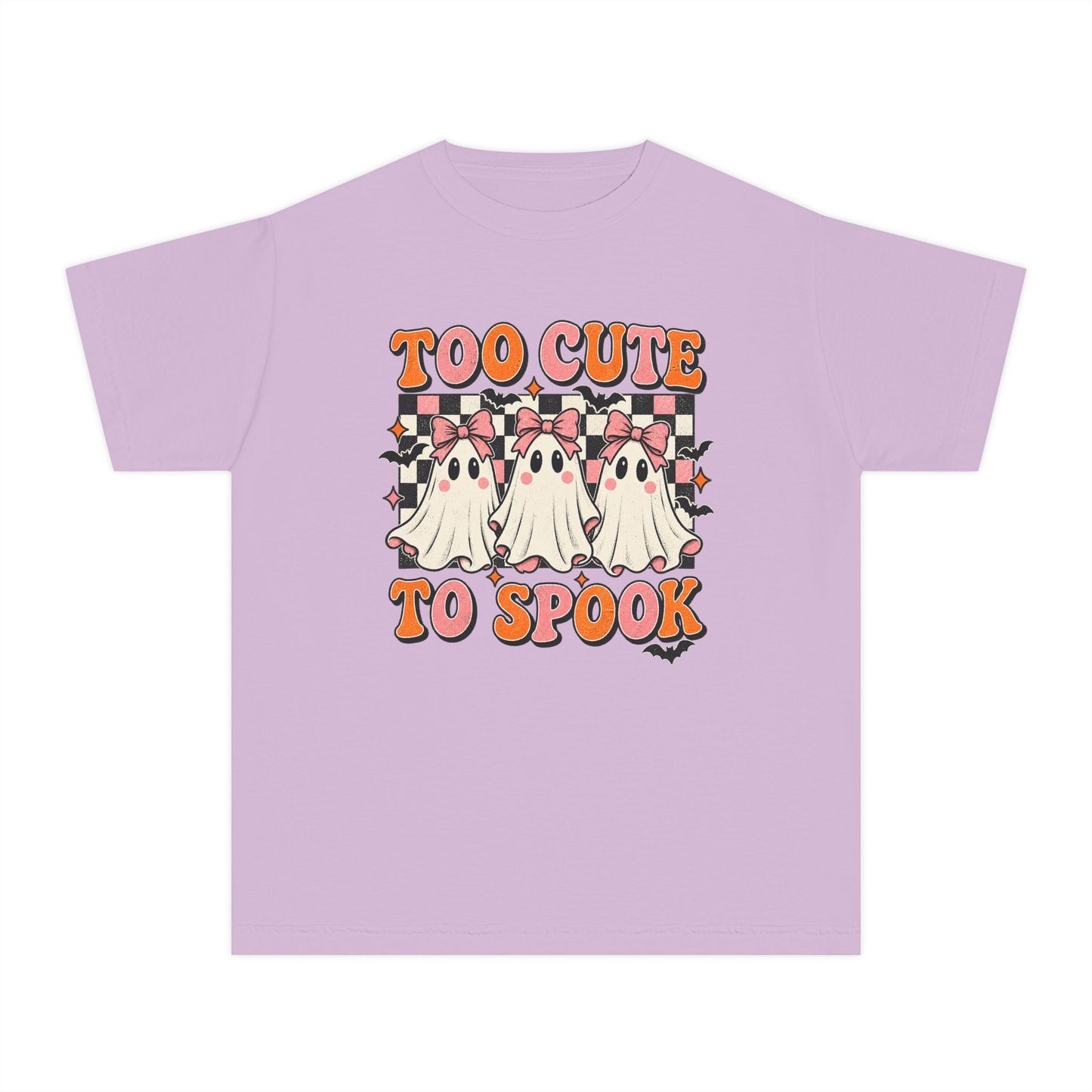 Youth Tee — "Too Cute to Spook" Ghost Halloween Shirt