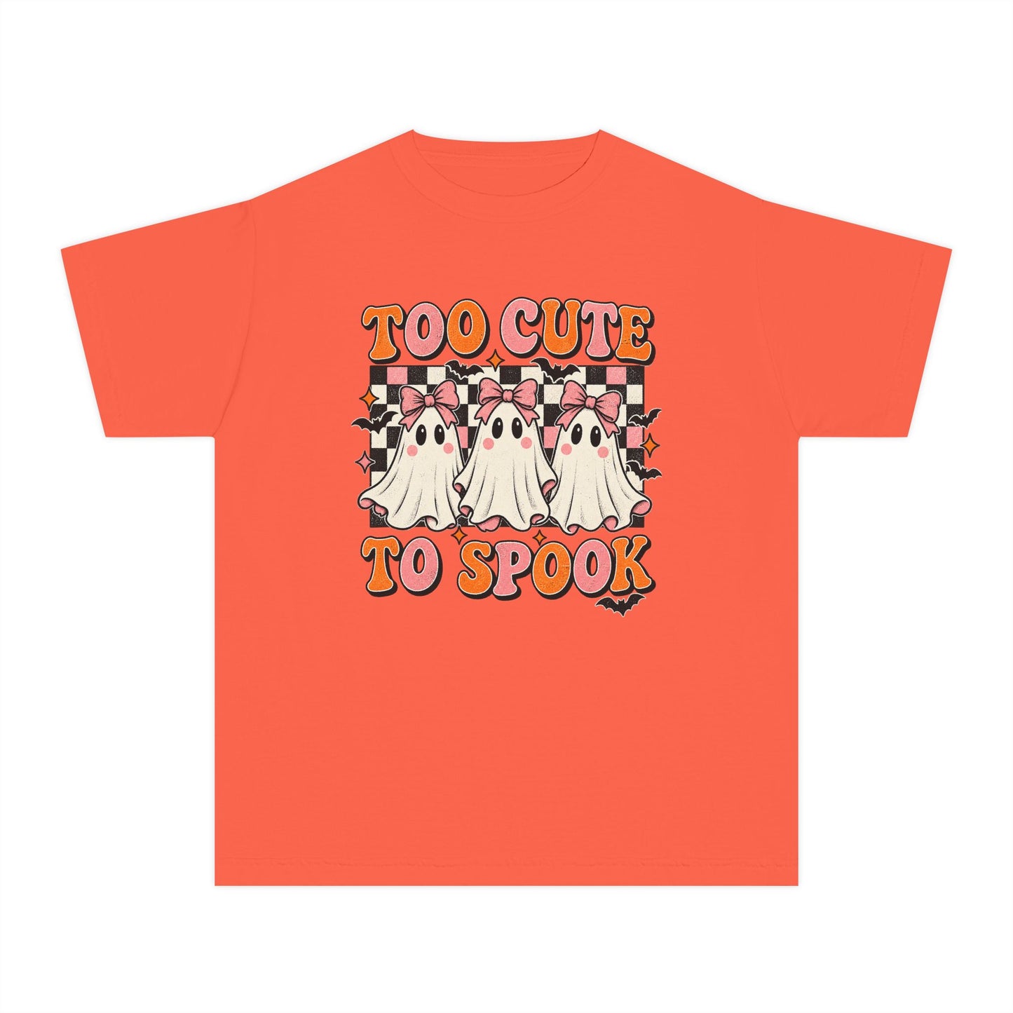 Youth Tee — "Too Cute to Spook" Ghost Halloween Shirt