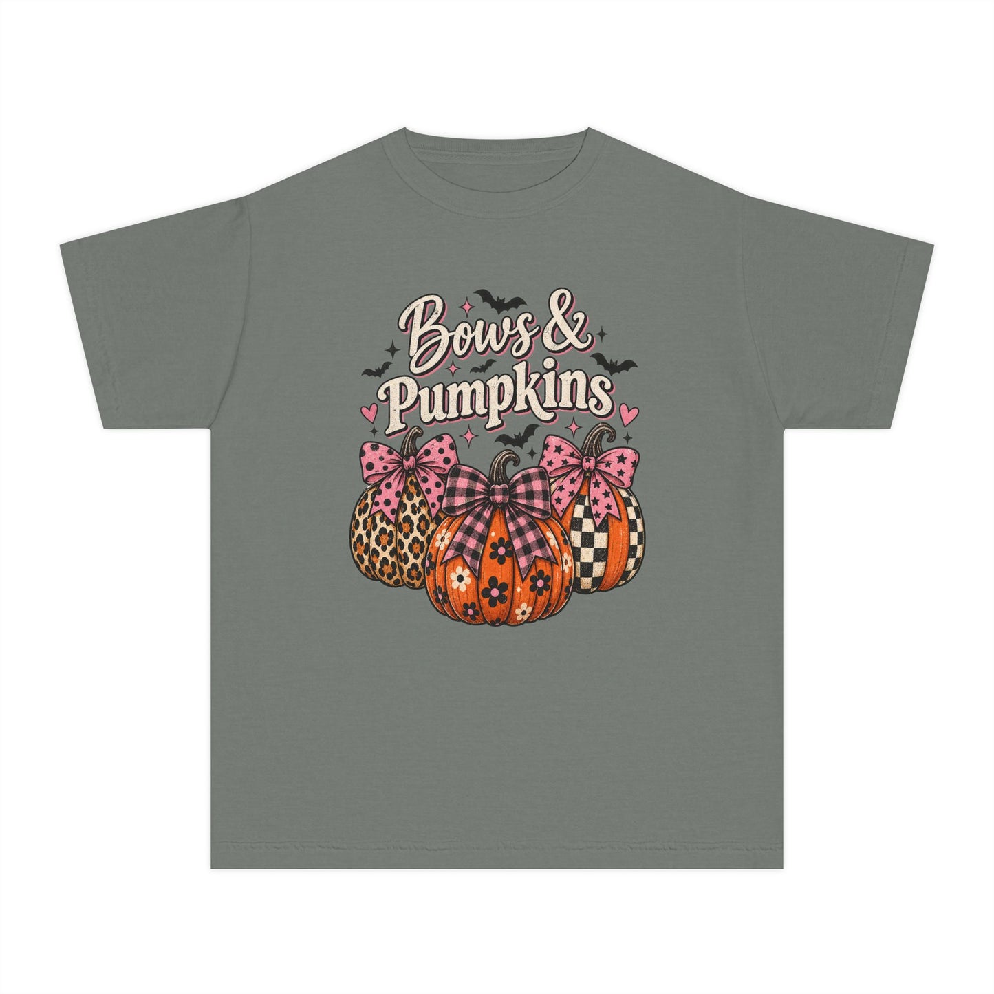 Youth Tee — "Bows & Pumpkins" Fall Halloween Pumpkin Graphic