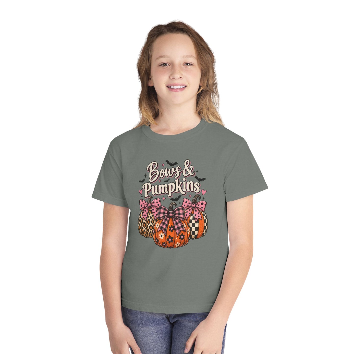 Youth Tee — "Bows & Pumpkins" Fall Halloween Pumpkin Graphic