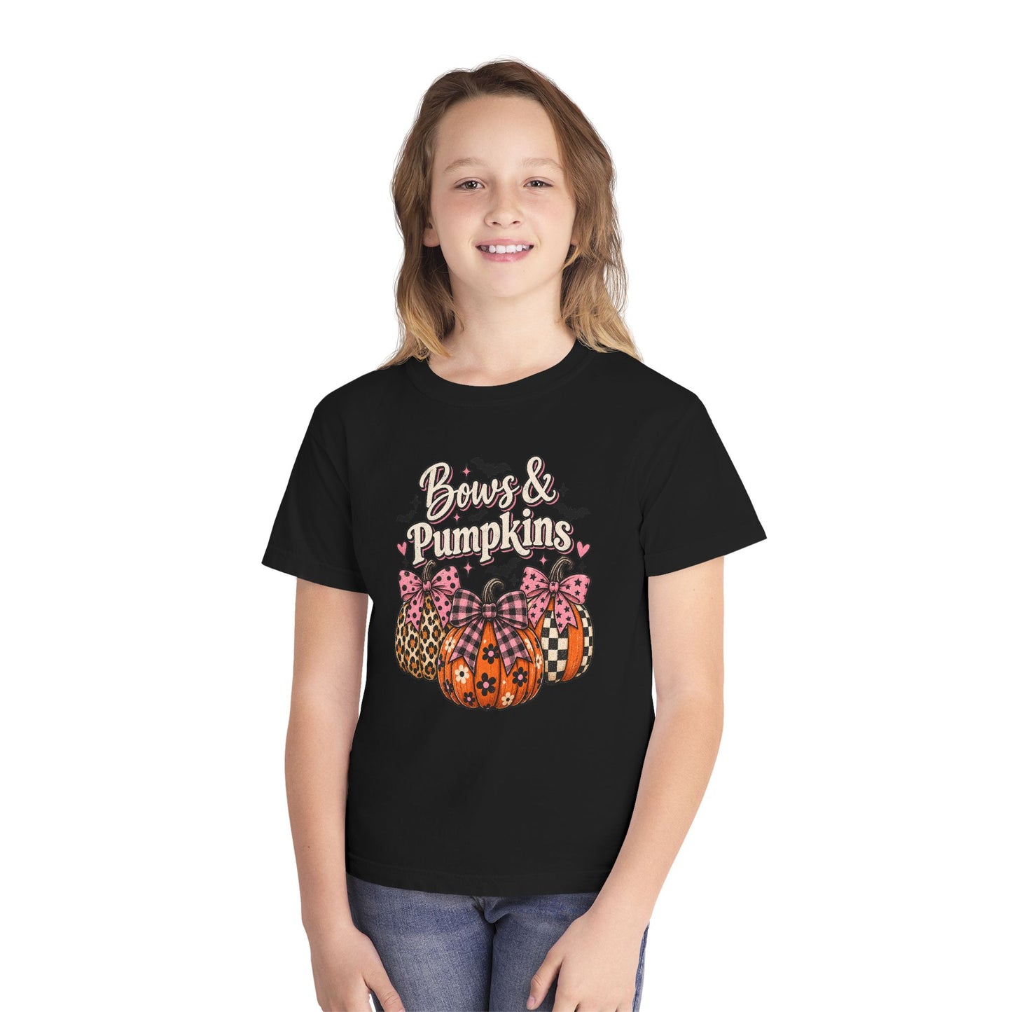 Youth Tee — "Bows & Pumpkins" Fall Halloween Pumpkin Graphic