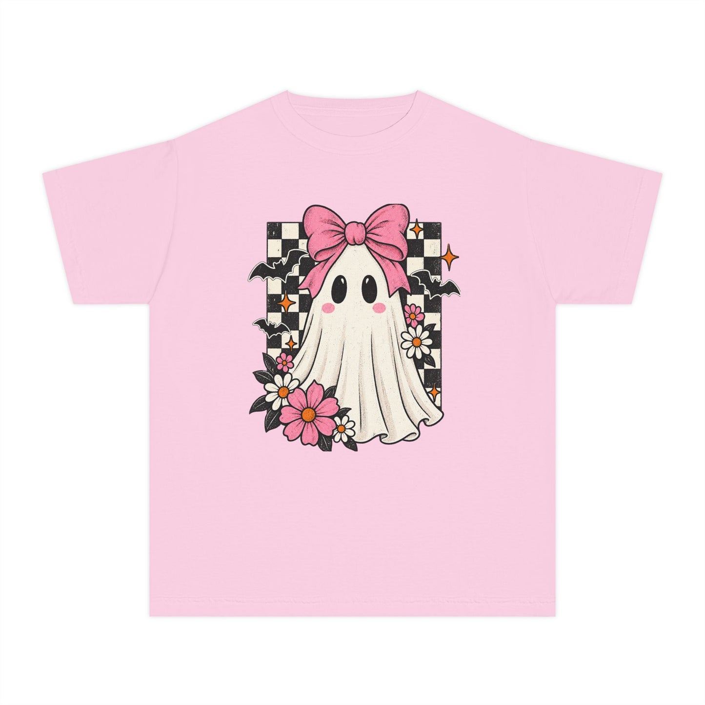 Cute Ghost Youth Tee — Pink Bow Checkerboard Halloween Shirt