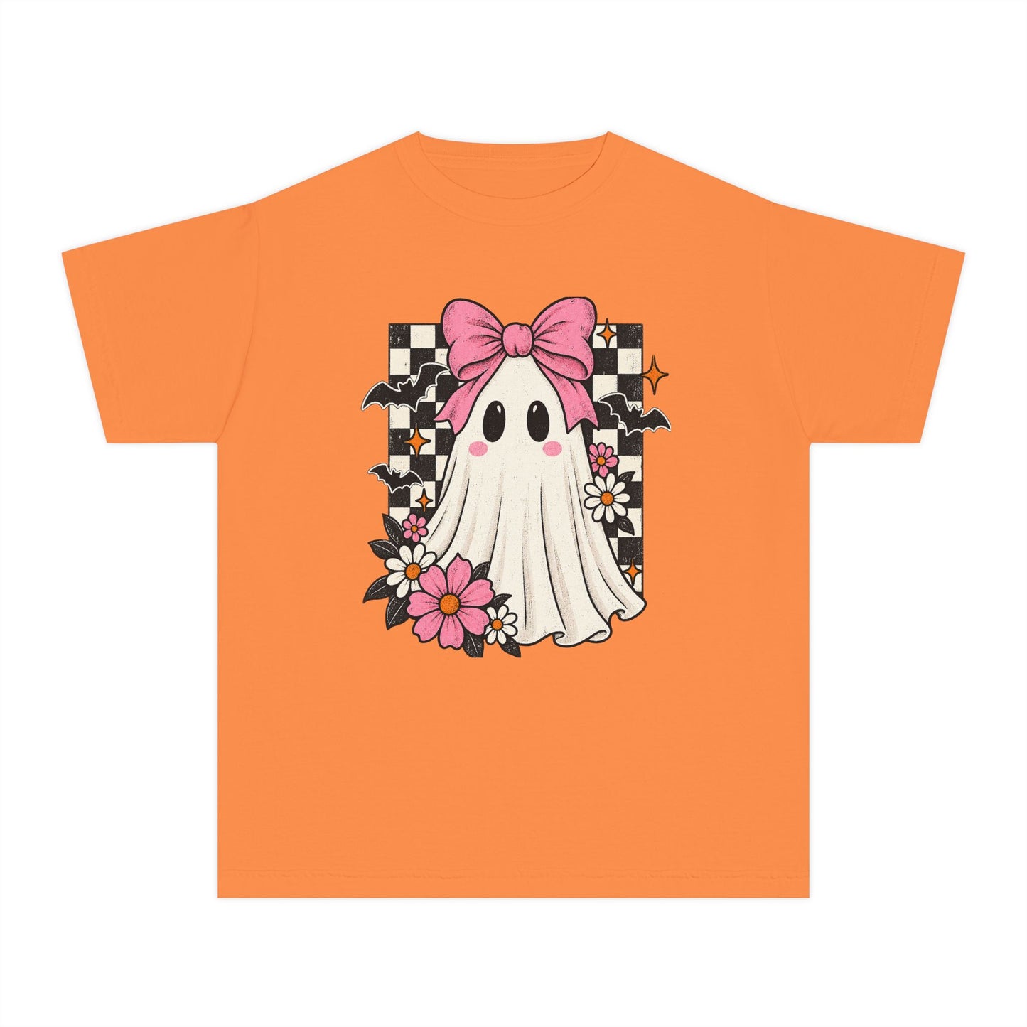 Cute Ghost Youth Tee — Pink Bow Checkerboard Halloween Shirt