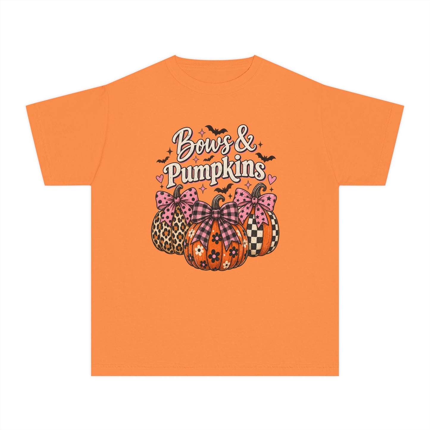 Youth Tee — "Bows & Pumpkins" Fall Halloween Pumpkin Graphic