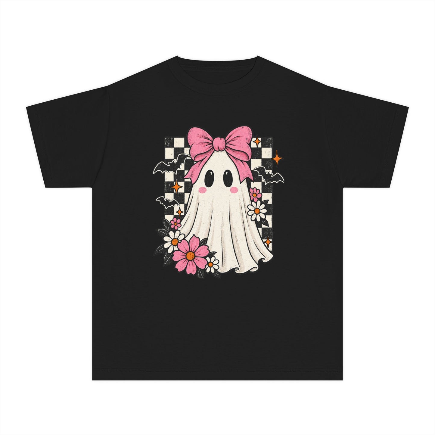 Cute Ghost Youth Tee — Pink Bow Checkerboard Halloween Shirt