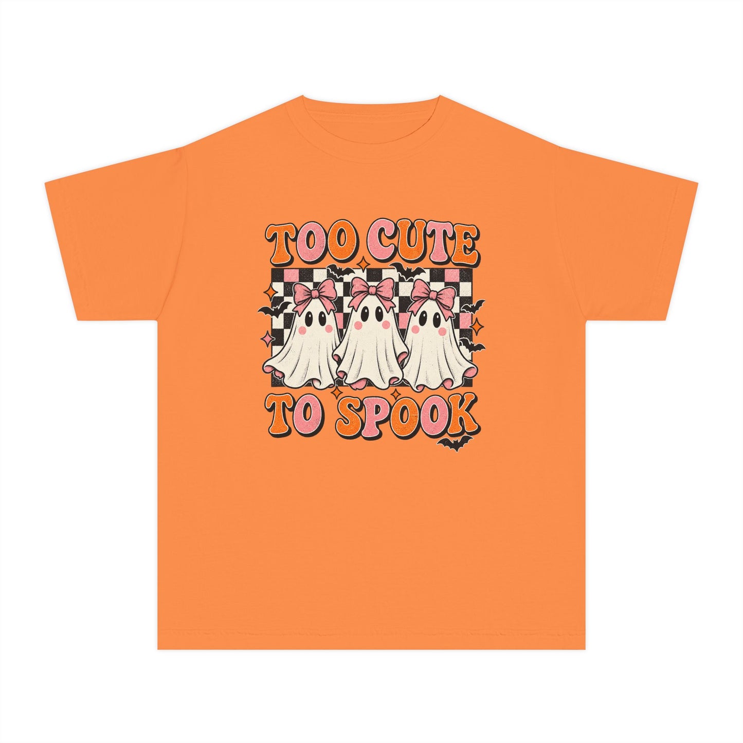 Youth Tee — "Too Cute to Spook" Ghost Halloween Shirt