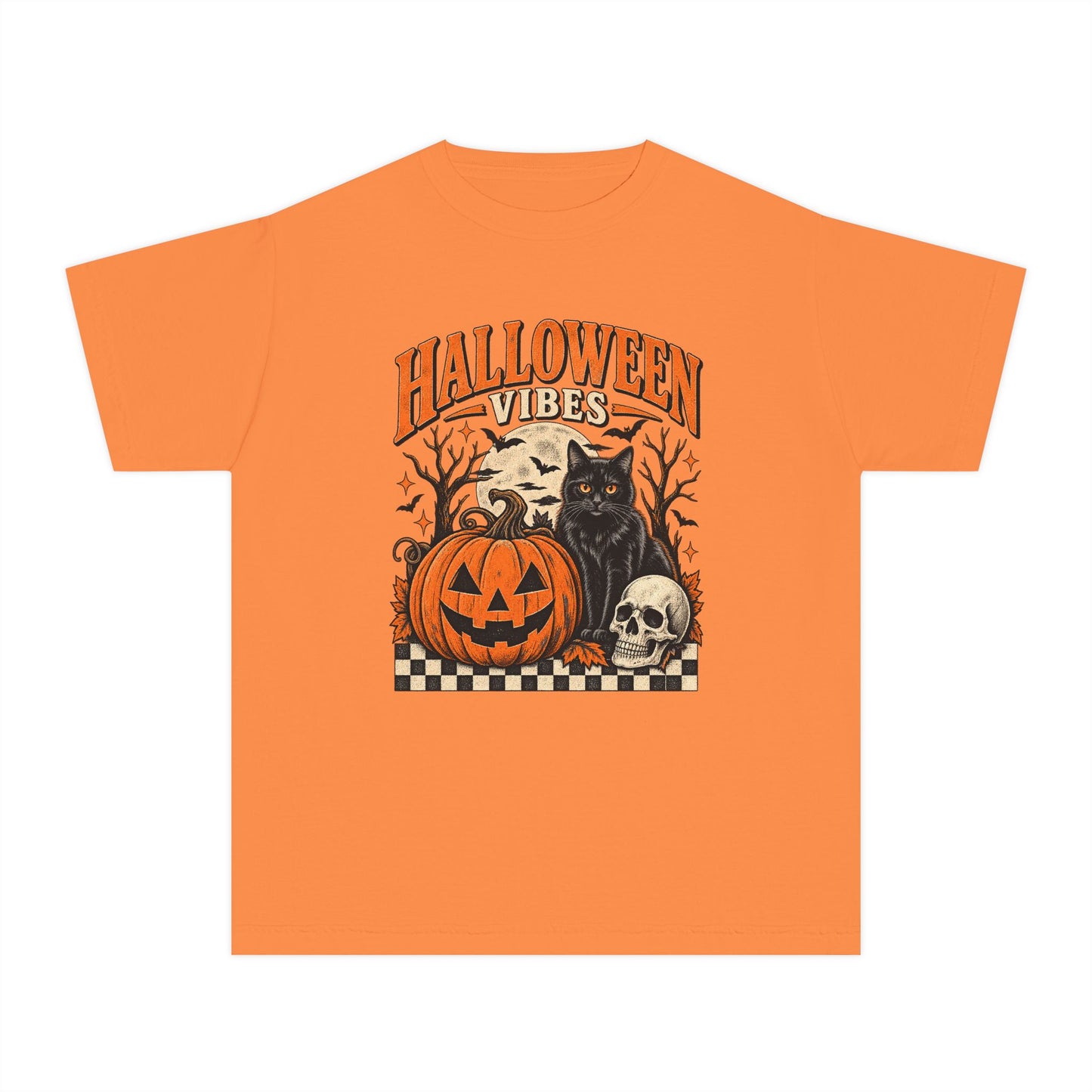 Youth Tee - "Halloween Vibes" Black Cat & Jack-O'-Lantern Graphic