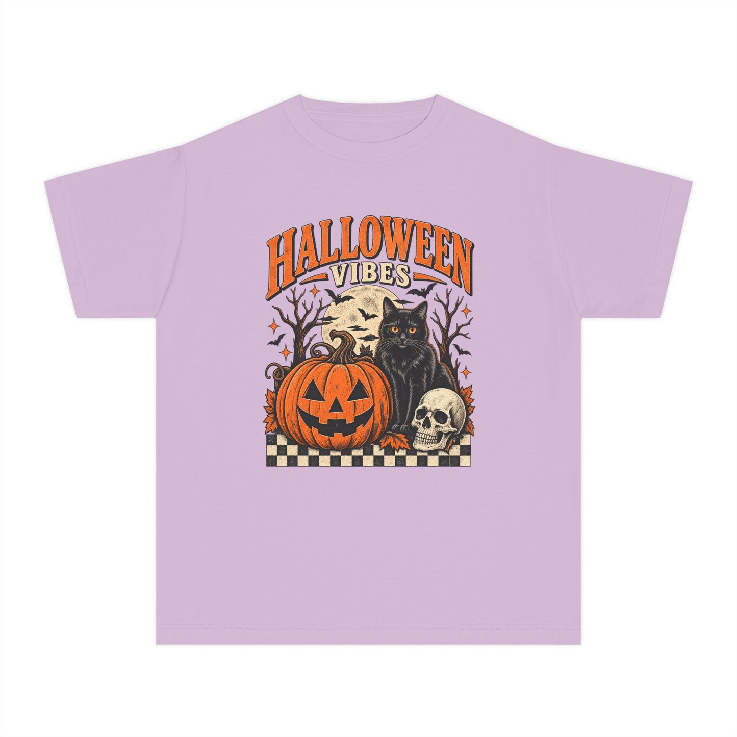 Youth Tee - "Halloween Vibes" Black Cat & Jack-O'-Lantern Graphic