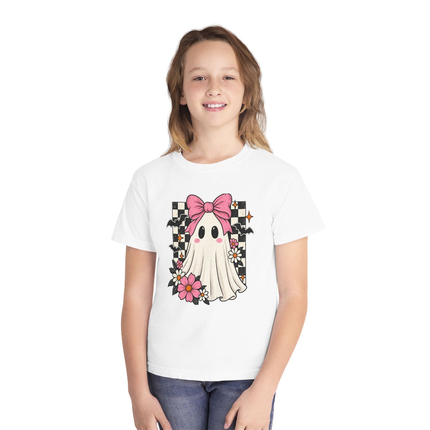 Cute Ghost Youth Tee — Pink Bow Checkerboard Halloween Shirt