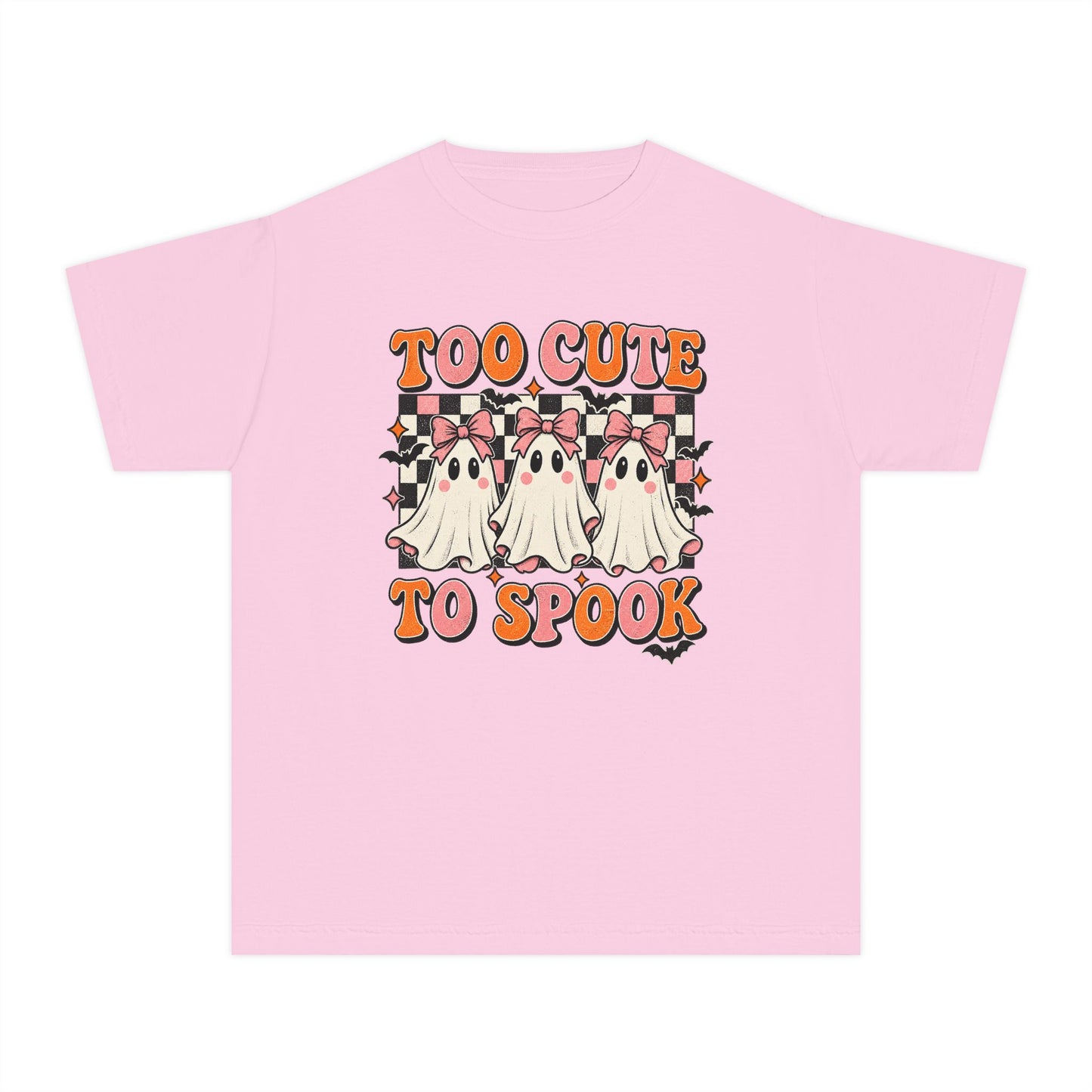 Youth Tee — "Too Cute to Spook" Ghost Halloween Shirt
