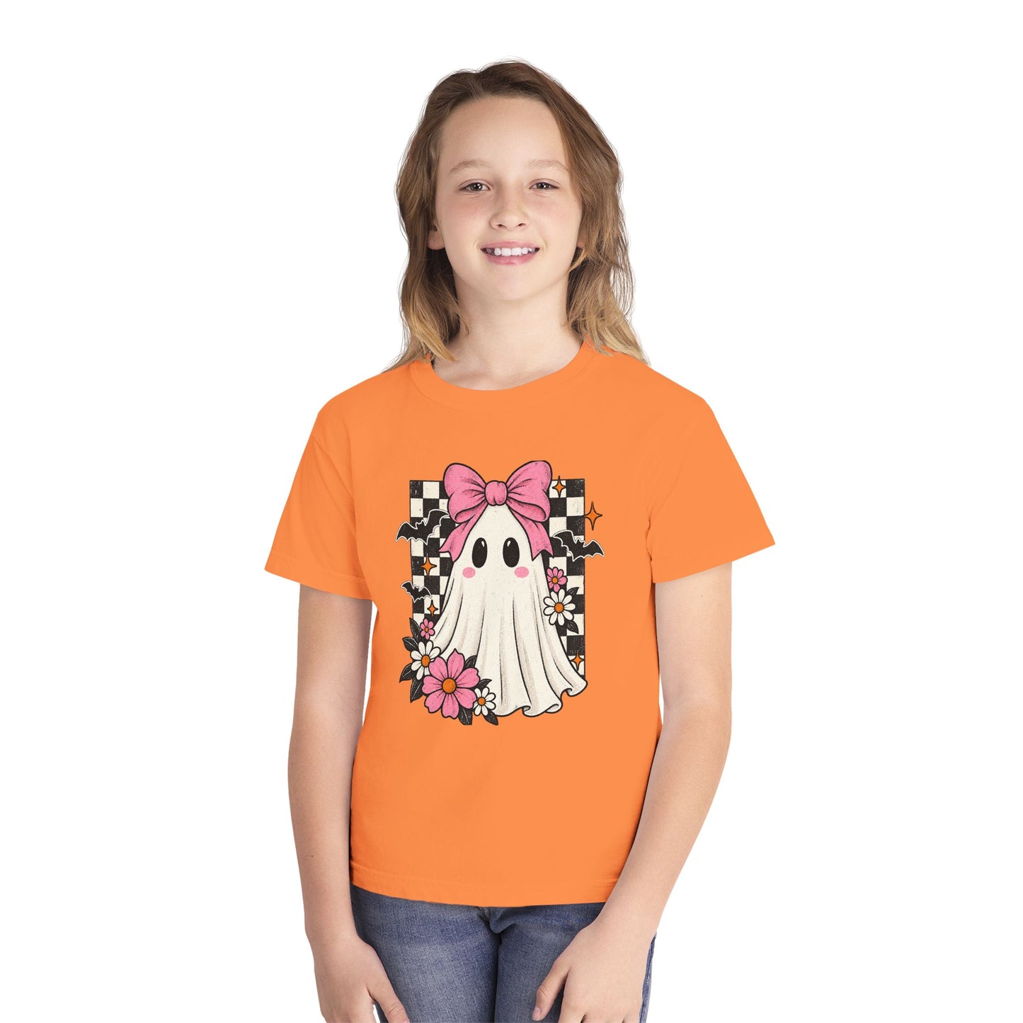 Cute Ghost Youth Tee — Pink Bow Checkerboard Halloween Shirt
