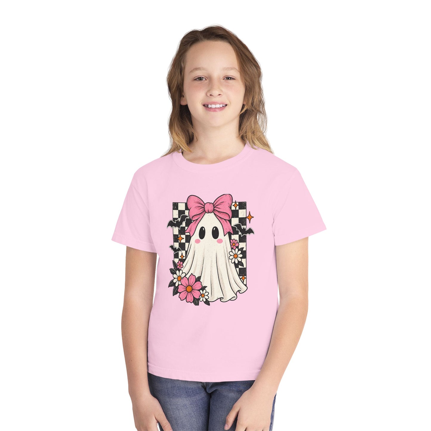 Cute Ghost Youth Tee — Pink Bow Checkerboard Halloween Shirt
