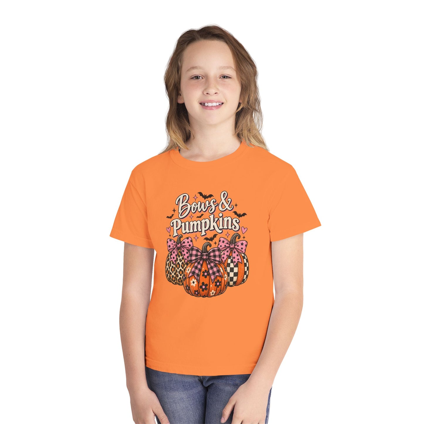 Youth Tee — "Bows & Pumpkins" Fall Halloween Pumpkin Graphic