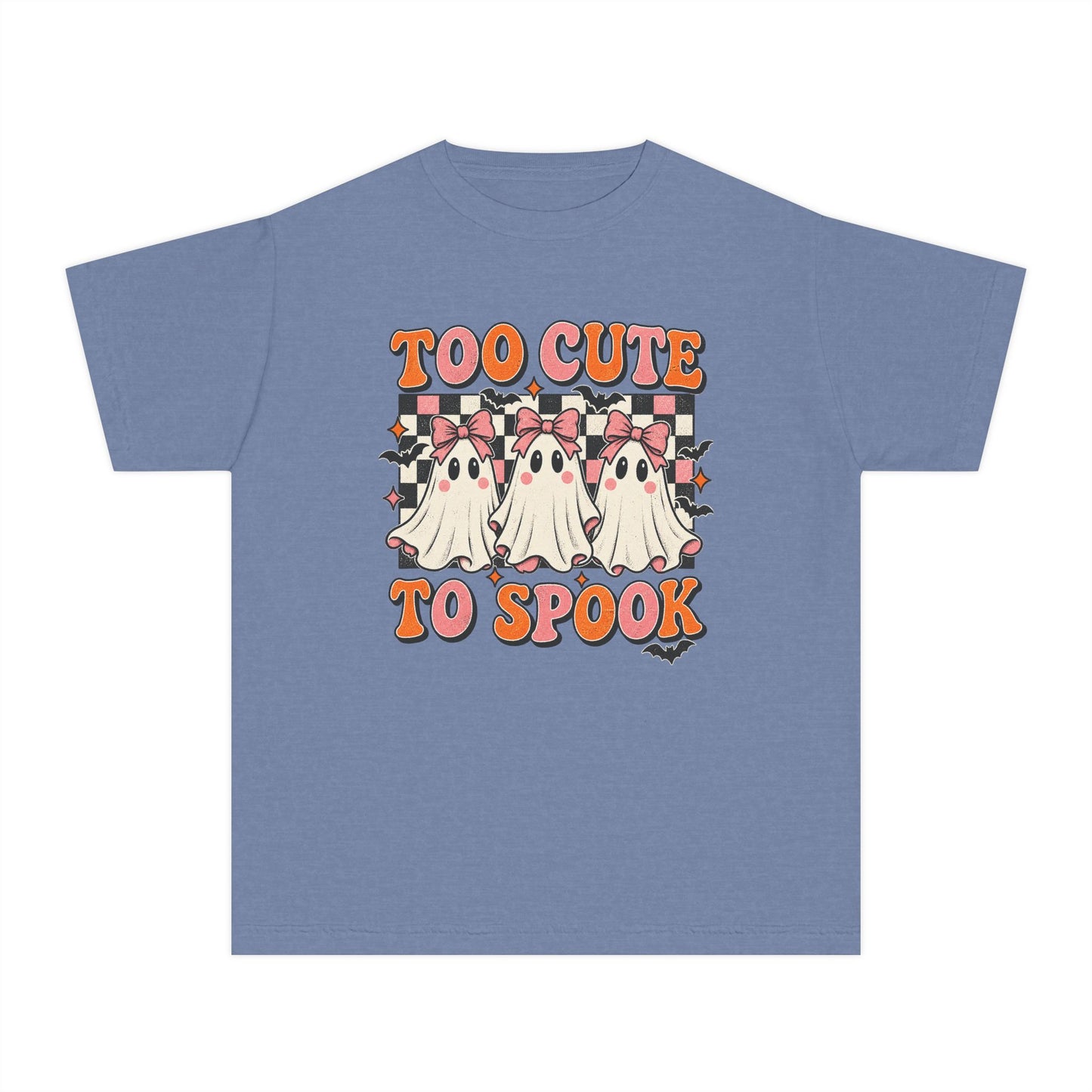 Youth Tee — "Too Cute to Spook" Ghost Halloween Shirt