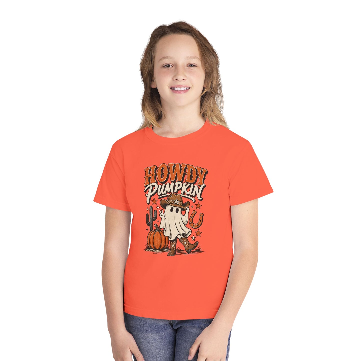 Howdy Pumpkin Kids T-Shirt – Halloween Ghost Cowboy Tee