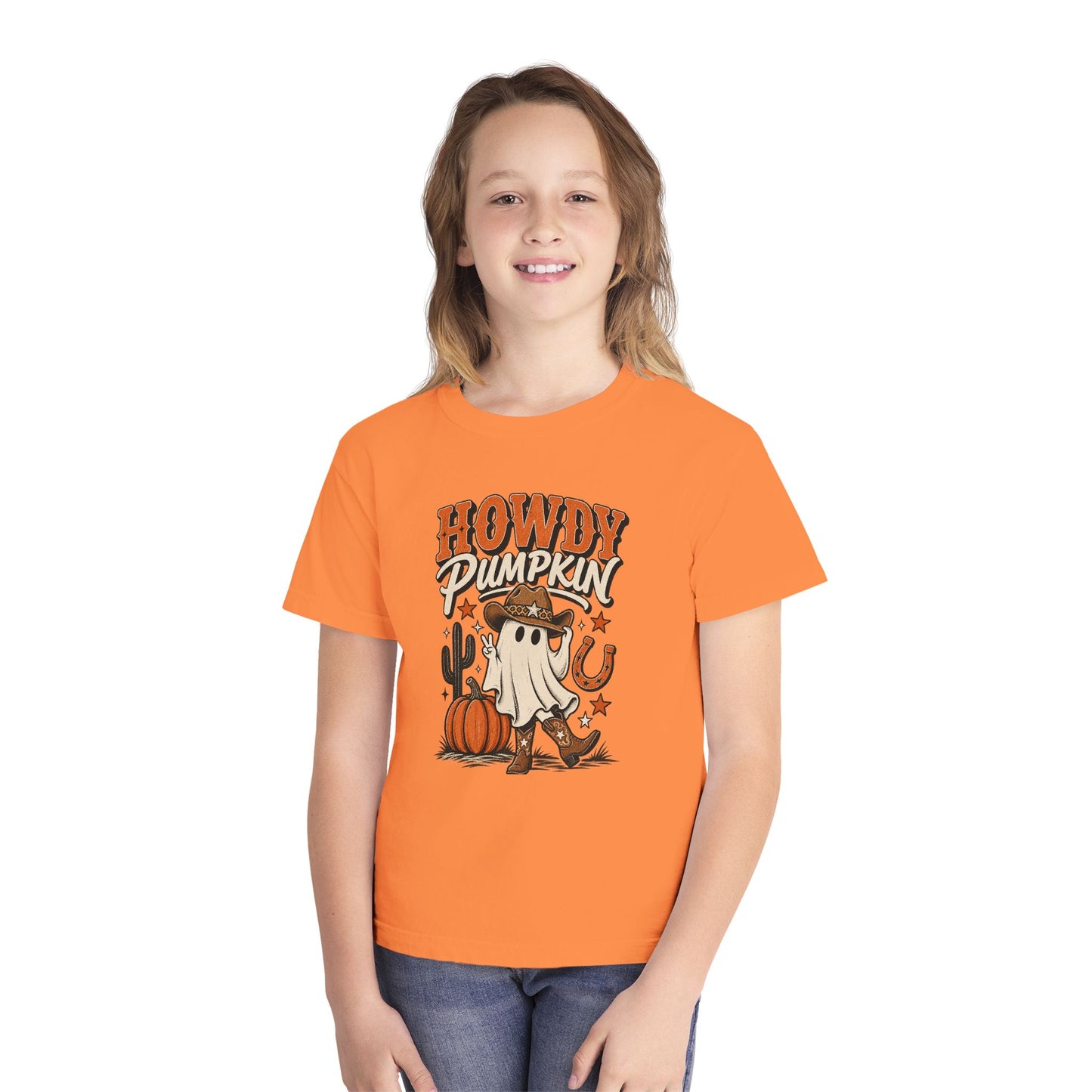 Howdy Pumpkin Kids T-Shirt – Halloween Ghost Cowboy Tee