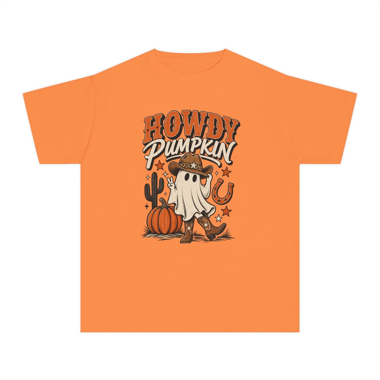 Howdy Pumpkin Kids T-Shirt – Halloween Ghost Cowboy Tee