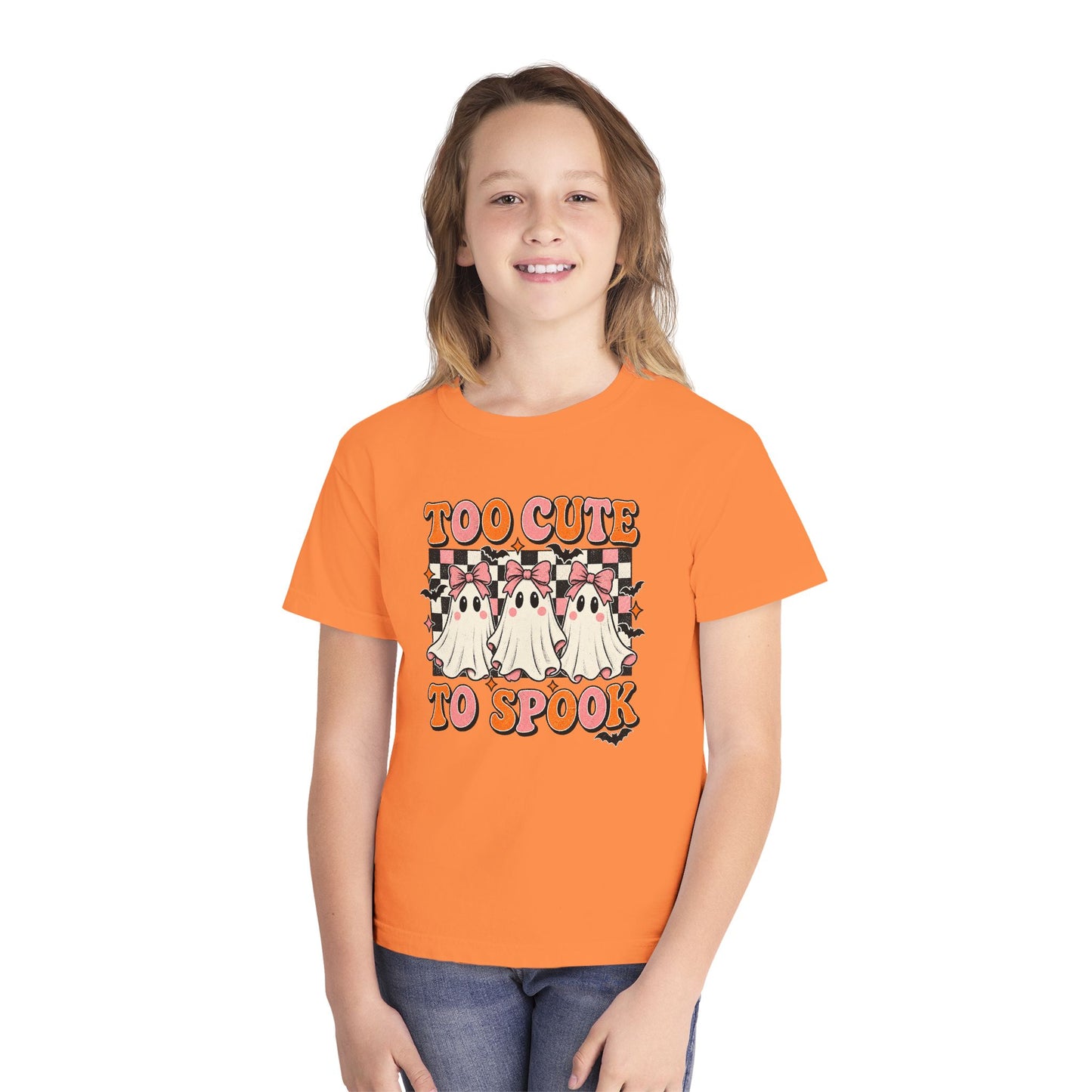 Youth Tee — "Too Cute to Spook" Ghost Halloween Shirt