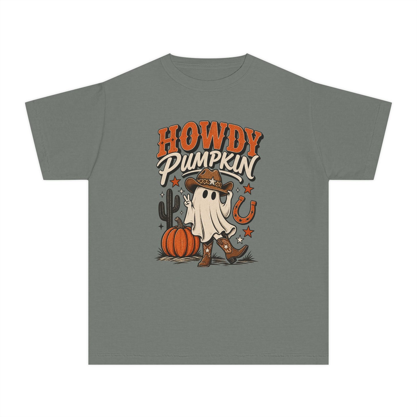 Howdy Pumpkin Kids T-Shirt – Halloween Ghost Cowboy Tee