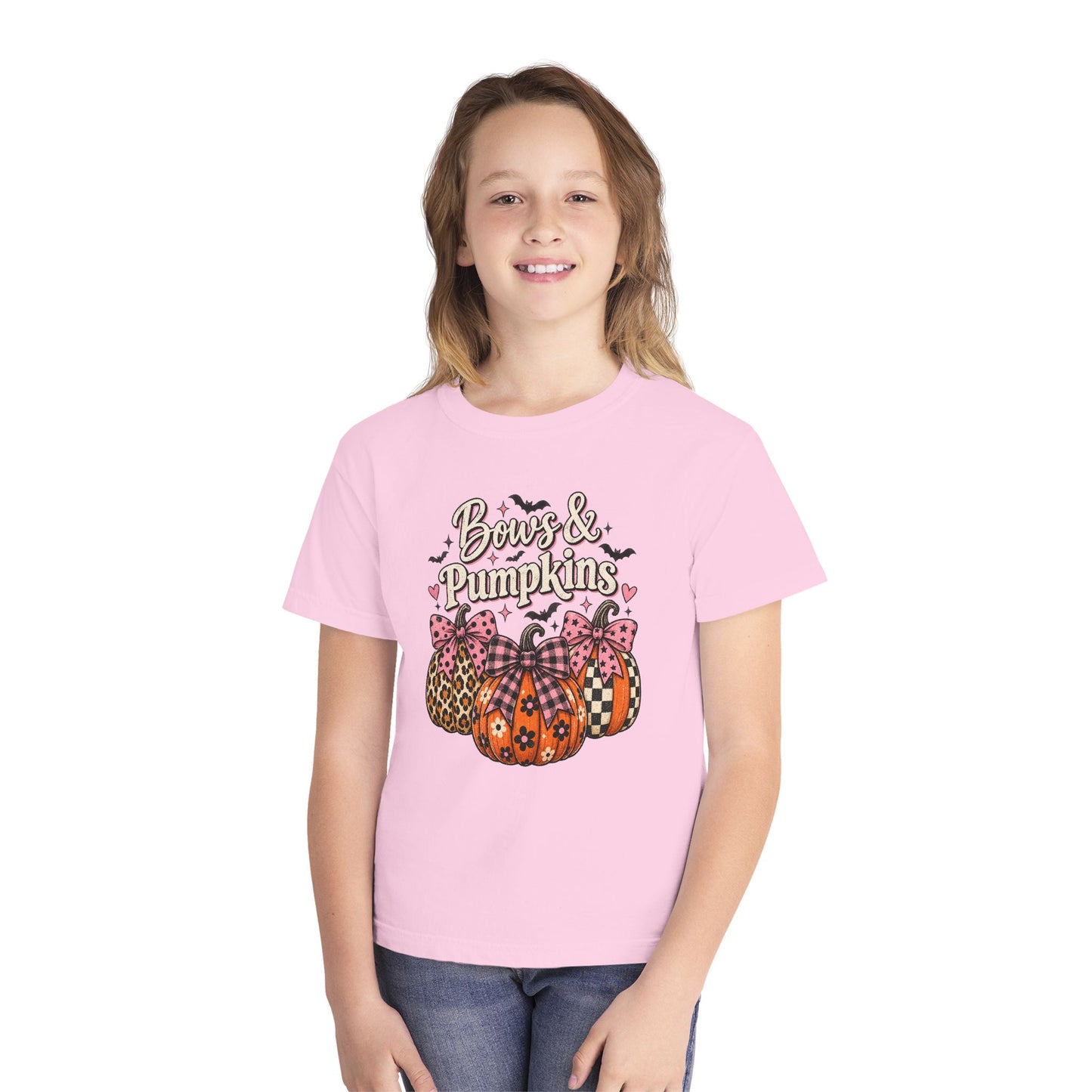 Youth Tee — "Bows & Pumpkins" Fall Halloween Pumpkin Graphic