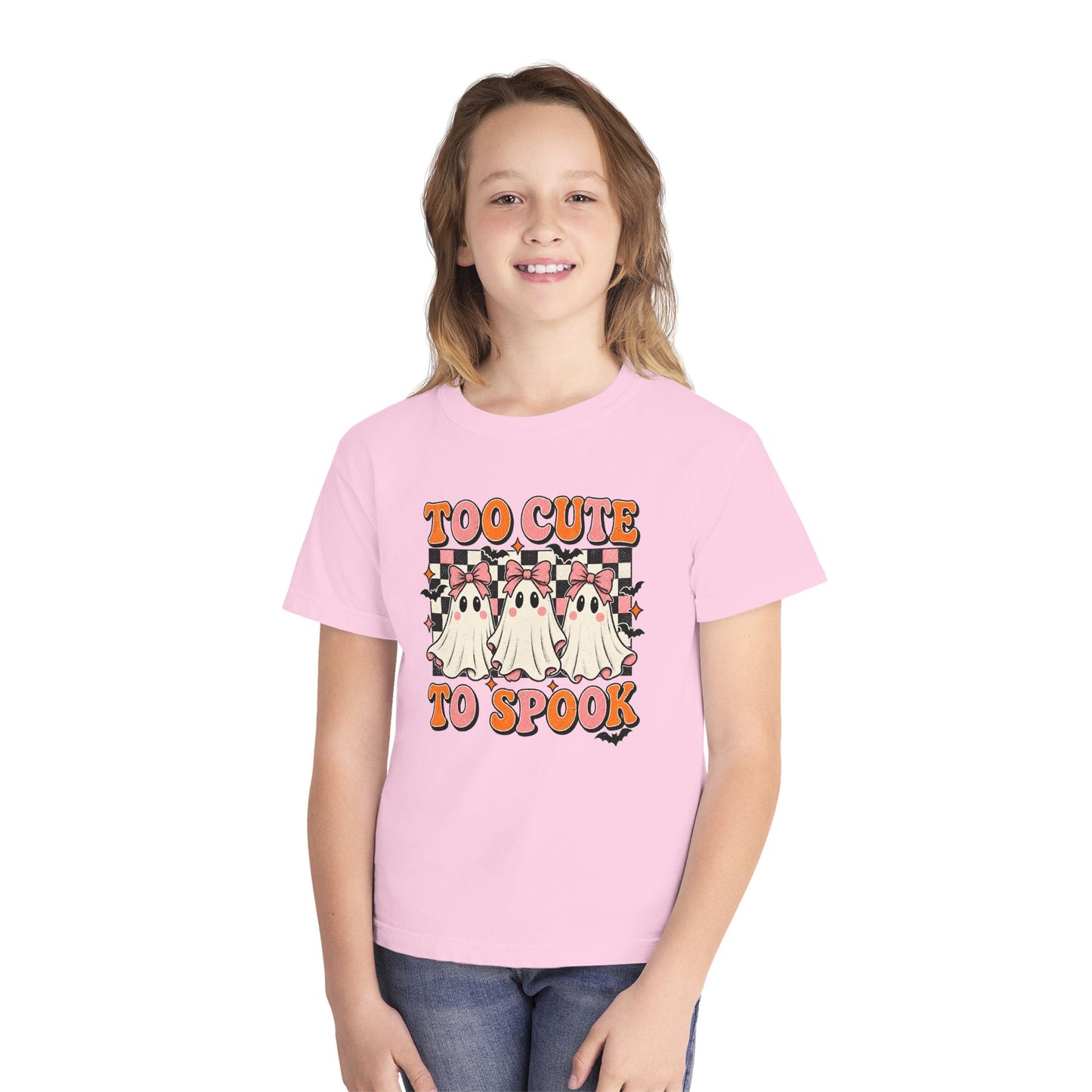 Youth Tee — "Too Cute to Spook" Ghost Halloween Shirt