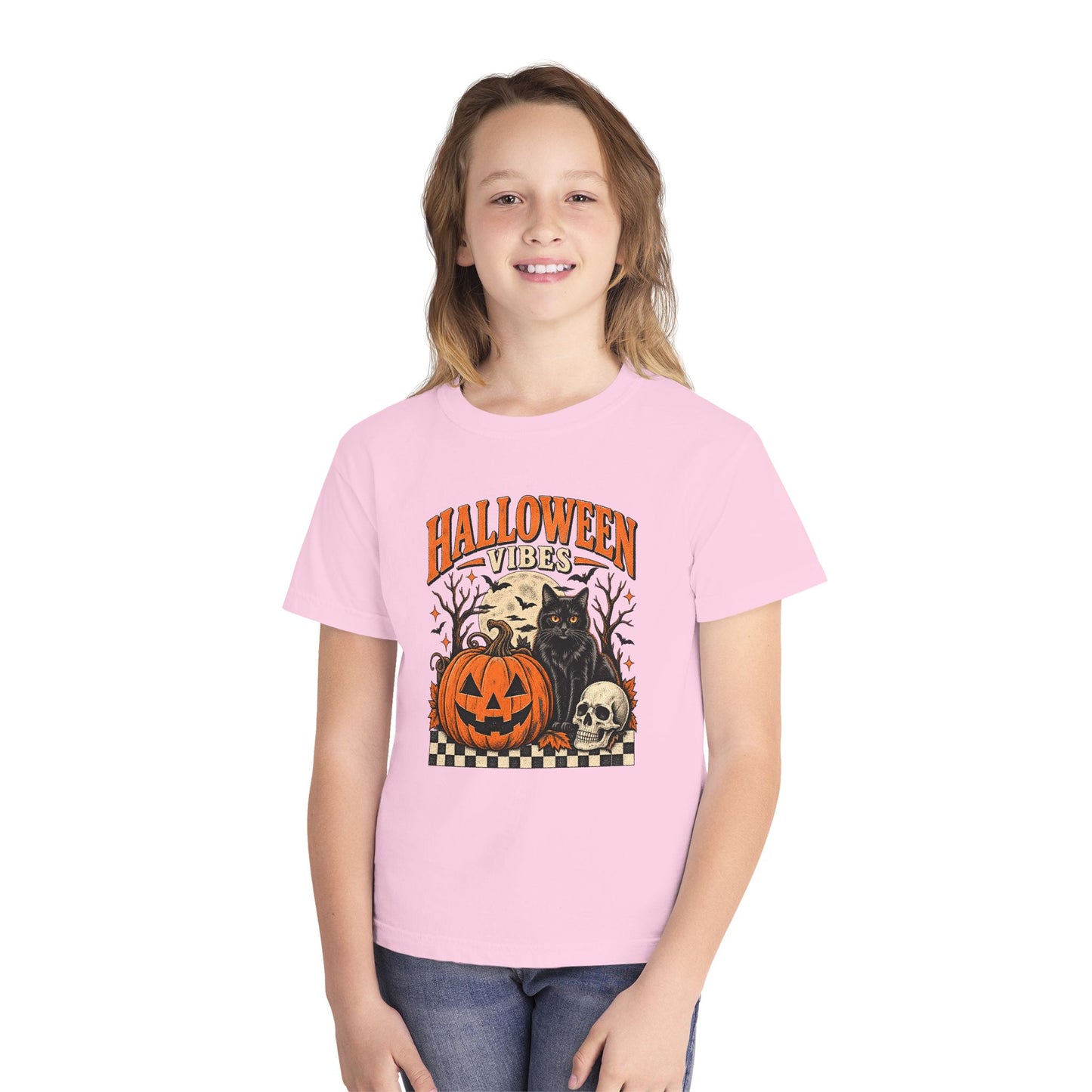 Youth Tee - "Halloween Vibes" Black Cat & Jack-O'-Lantern Graphic