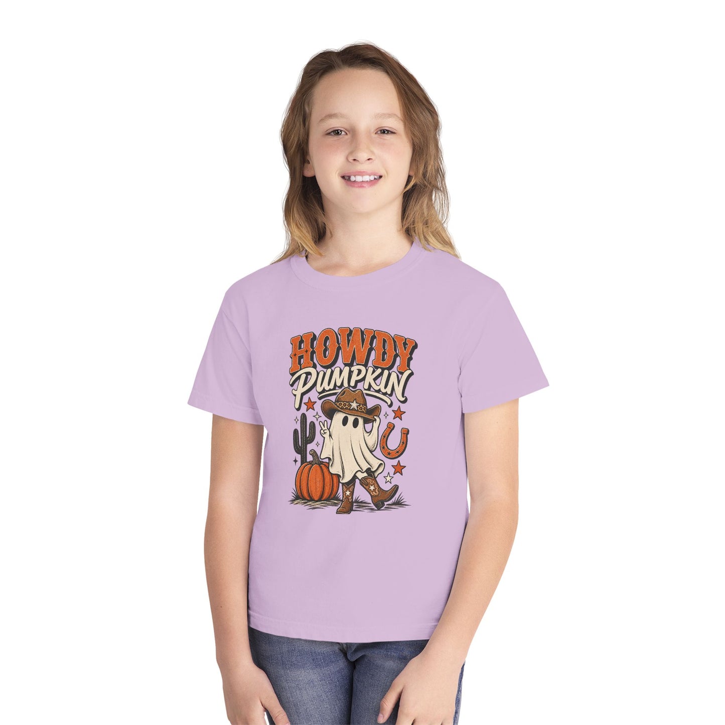 Howdy Pumpkin Kids T-Shirt – Halloween Ghost Cowboy Tee