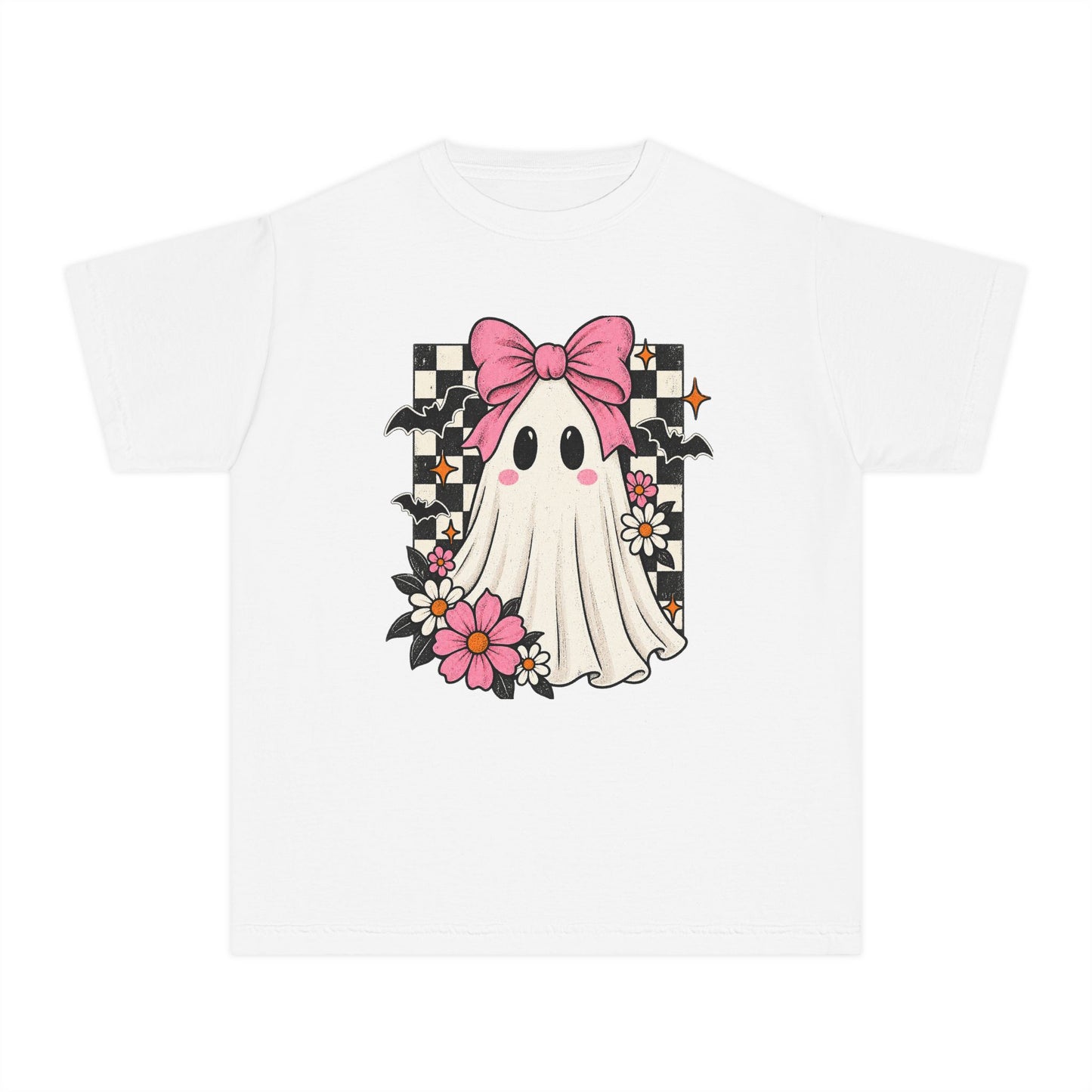 Cute Ghost Youth Tee — Pink Bow Checkerboard Halloween Shirt