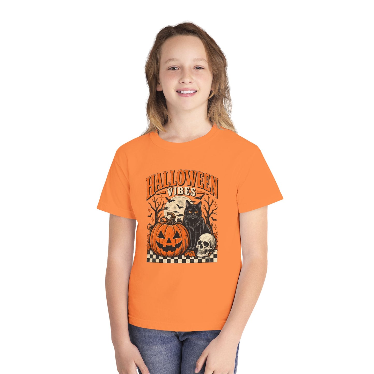Youth Tee - "Halloween Vibes" Black Cat & Jack-O'-Lantern Graphic