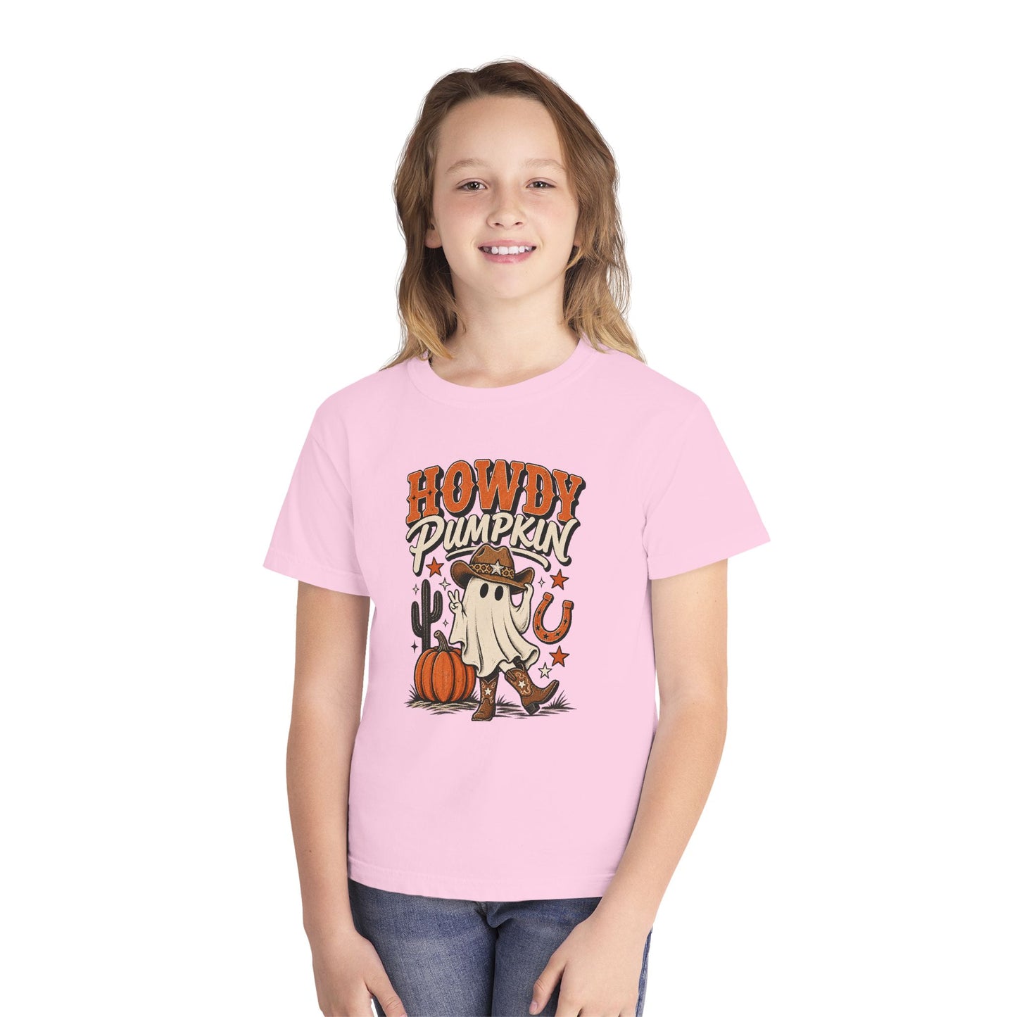 Howdy Pumpkin Kids T-Shirt – Halloween Ghost Cowboy Tee
