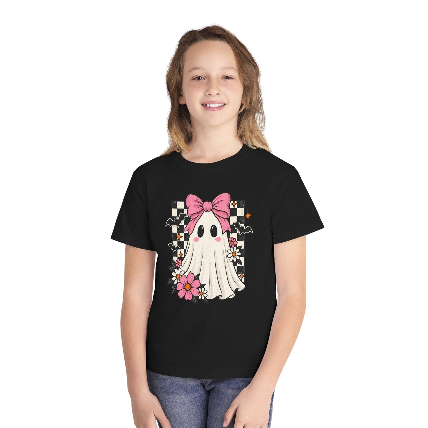 Cute Ghost Youth Tee — Pink Bow Checkerboard Halloween Shirt