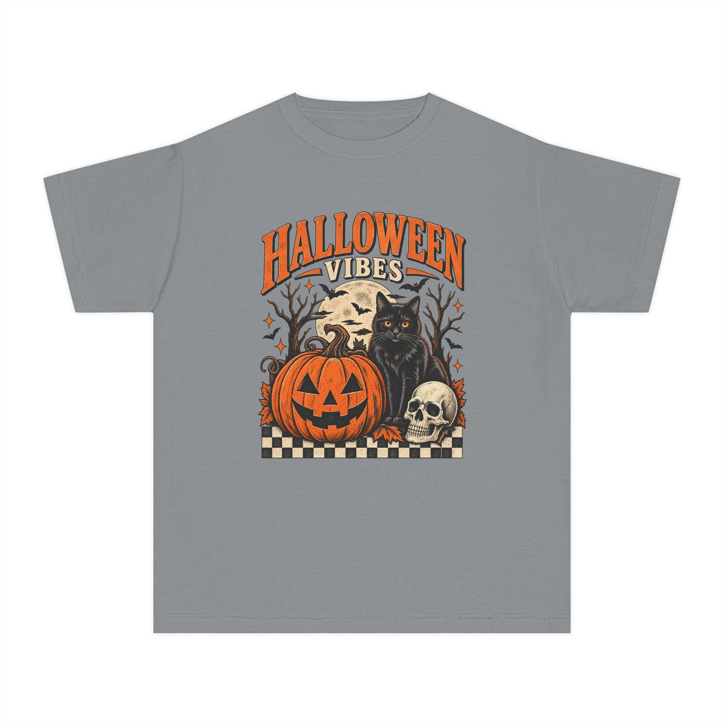 Youth Tee - "Halloween Vibes" Black Cat & Jack-O'-Lantern Graphic