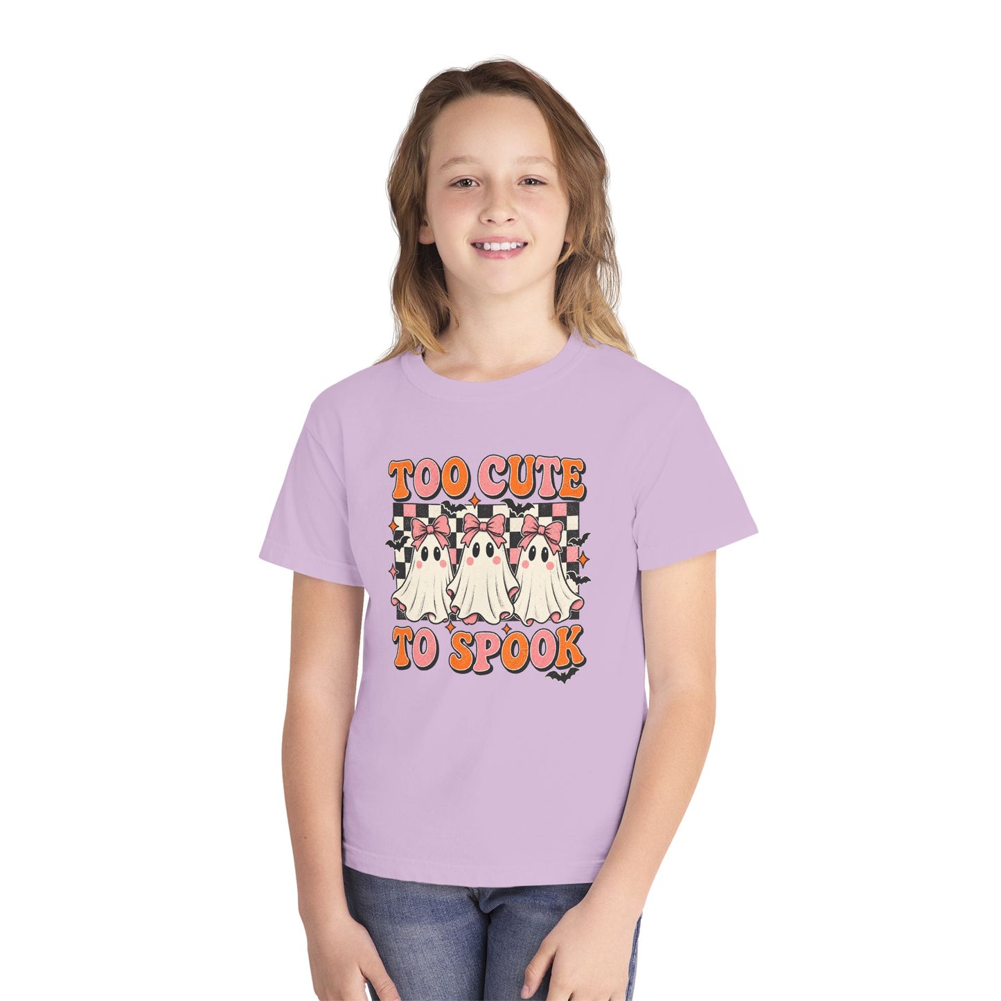 Youth Tee — "Too Cute to Spook" Ghost Halloween Shirt