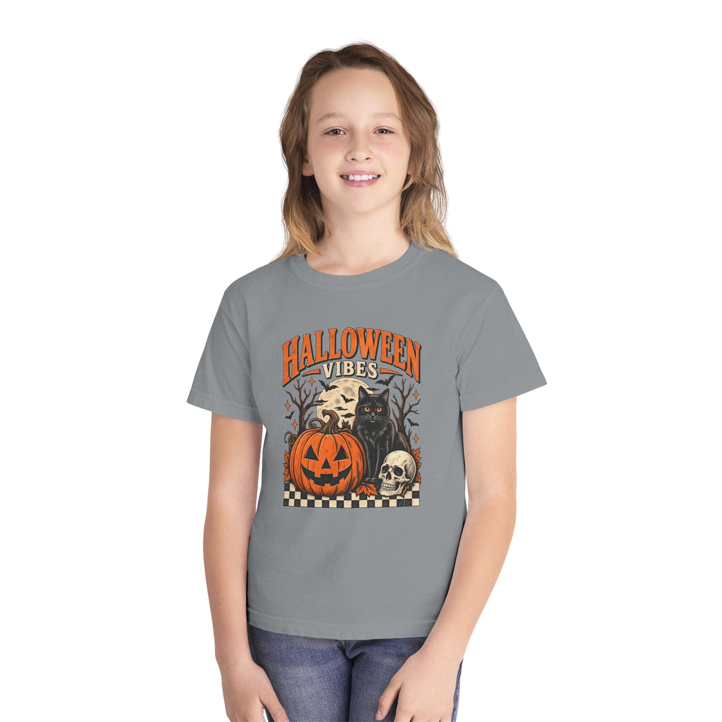 Youth Tee - "Halloween Vibes" Black Cat & Jack-O'-Lantern Graphic