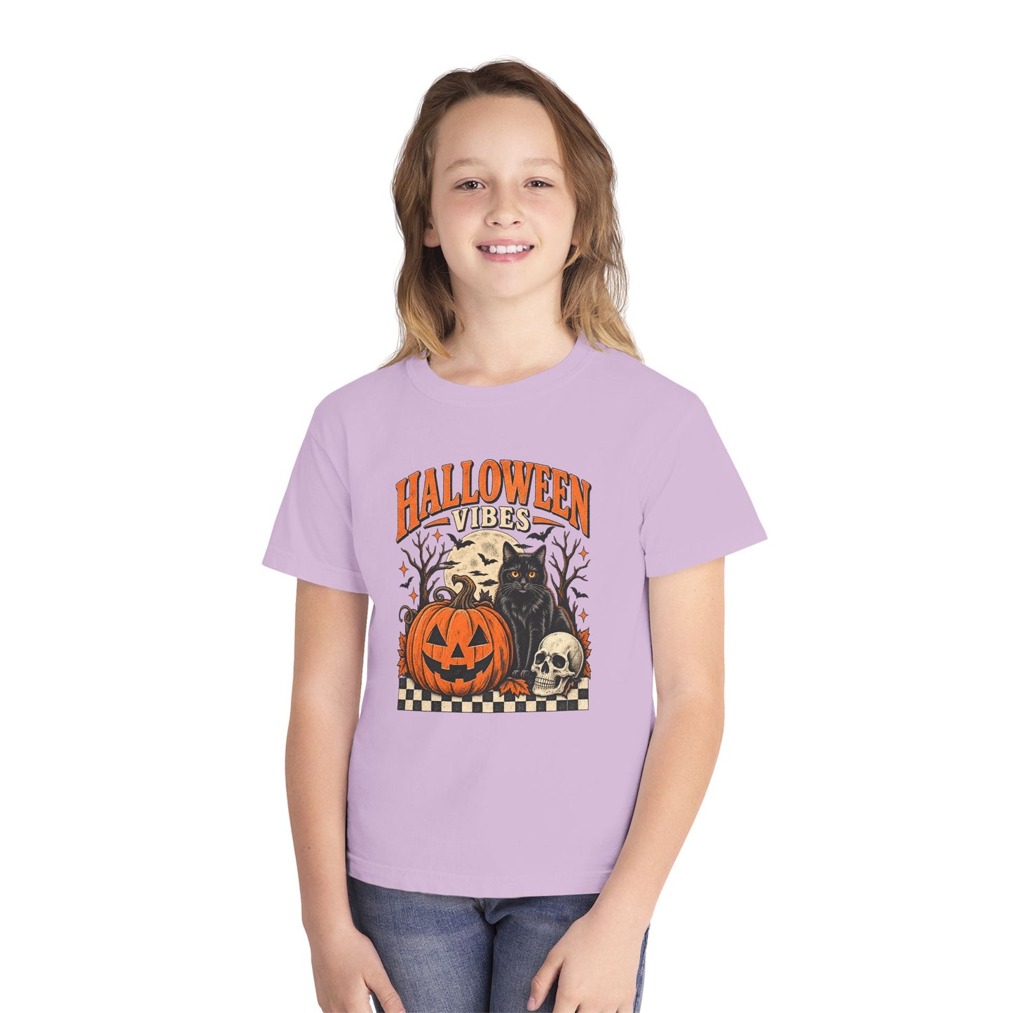 Youth Tee - "Halloween Vibes" Black Cat & Jack-O'-Lantern Graphic
