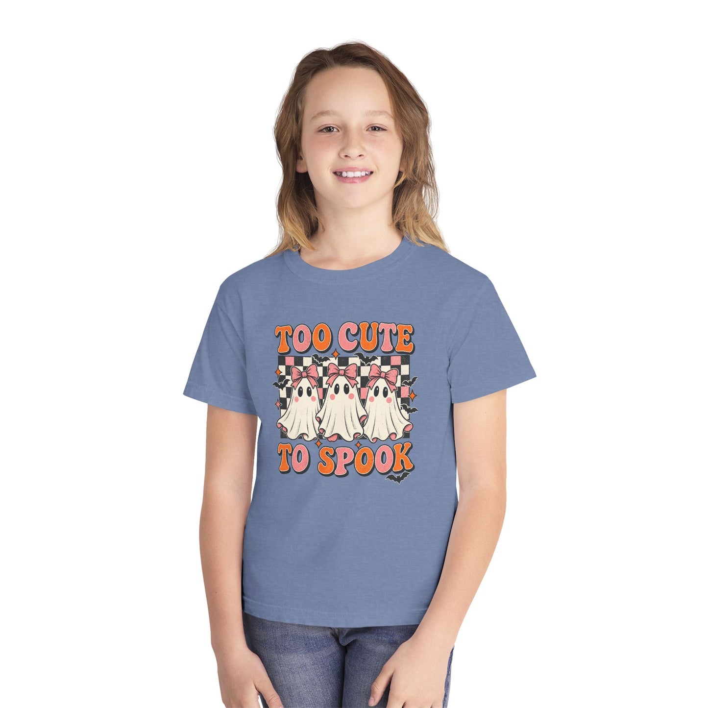 Youth Tee — "Too Cute to Spook" Ghost Halloween Shirt