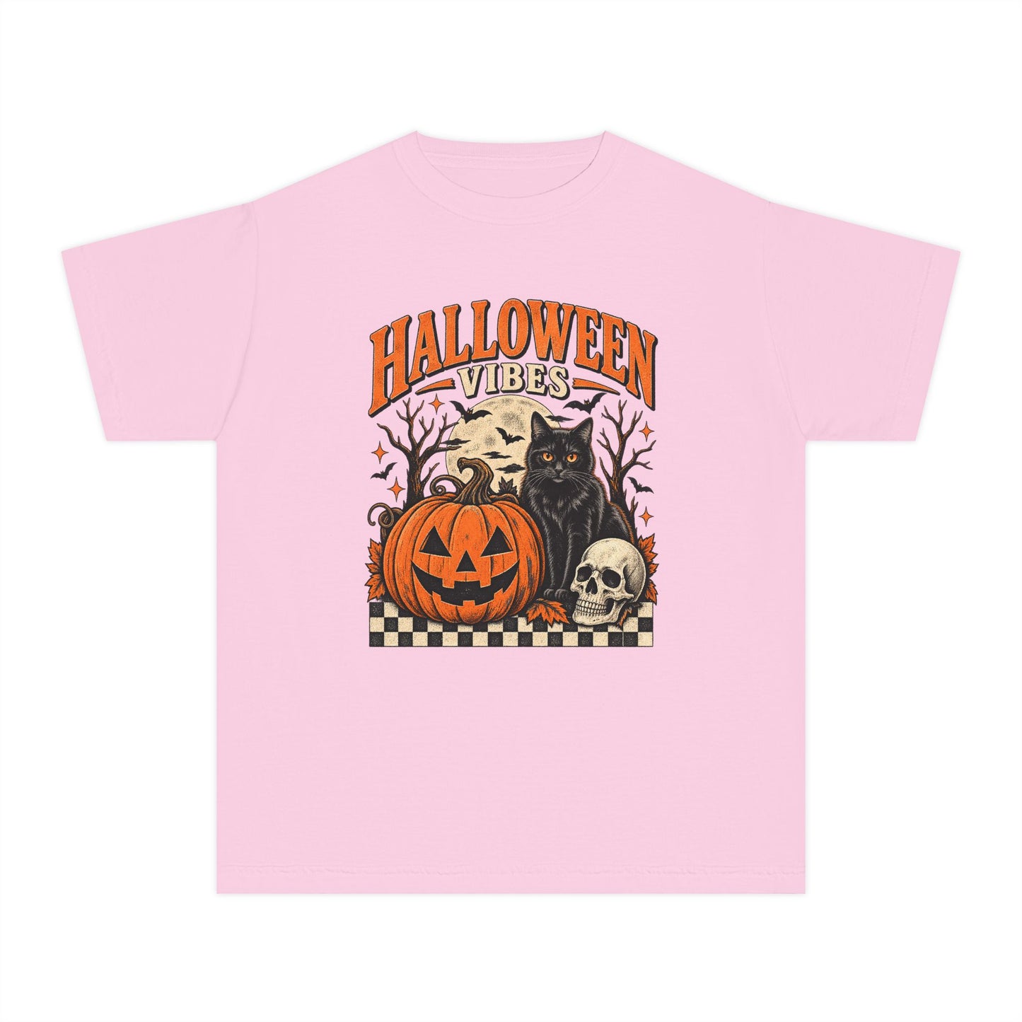 Youth Tee - "Halloween Vibes" Black Cat & Jack-O'-Lantern Graphic
