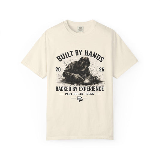 Built by Hands, Backed by Experience craftsmanship T-shirt in White